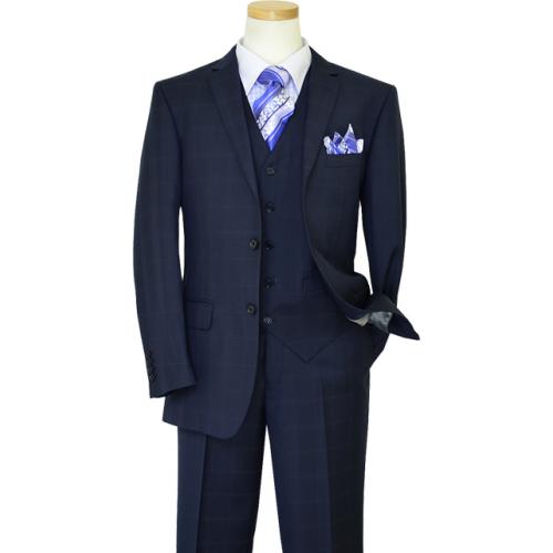 Bertolini Navy Blue With Blue Windowpanes  Wool & Silk Blend Vested Suit 79434-1